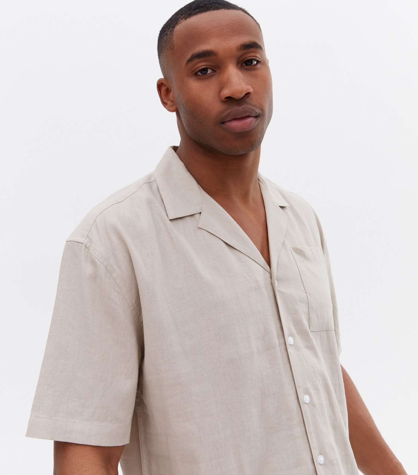 Stone Linen Blend Oversized Short Sleeve Shirt Image 3