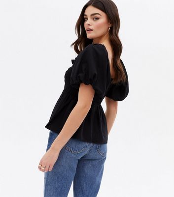 Black Shirred Linen Look Frill Peplum Blouse New Look