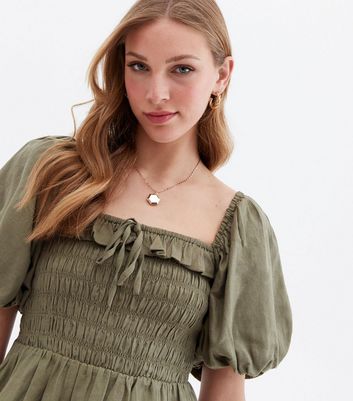 Khaki Shirred Linen Look Frill Peplum Blouse New Look