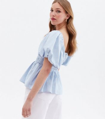 Pale Blue Shirred Frill Peplum Blouse