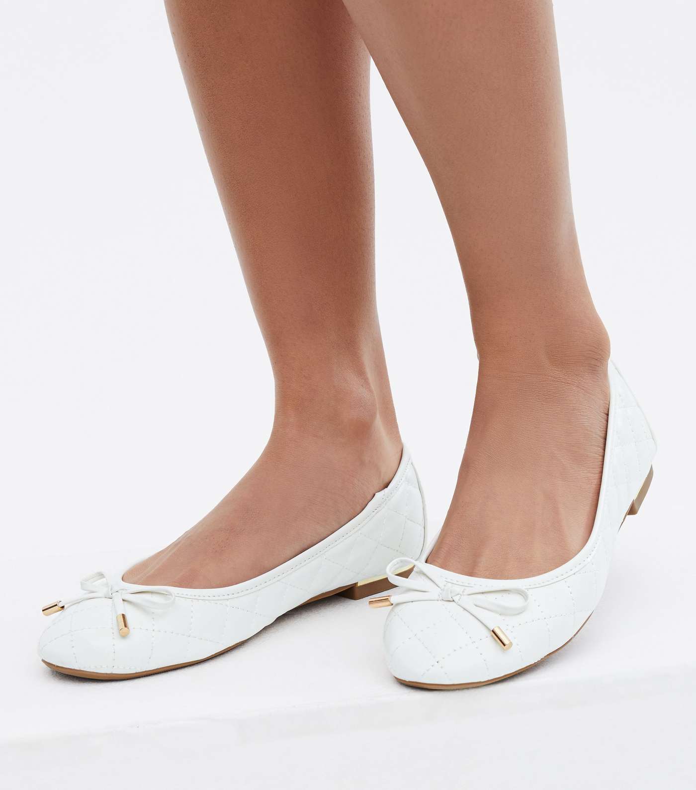 White Quilted Metal Trim Ballet Pumps Image 2