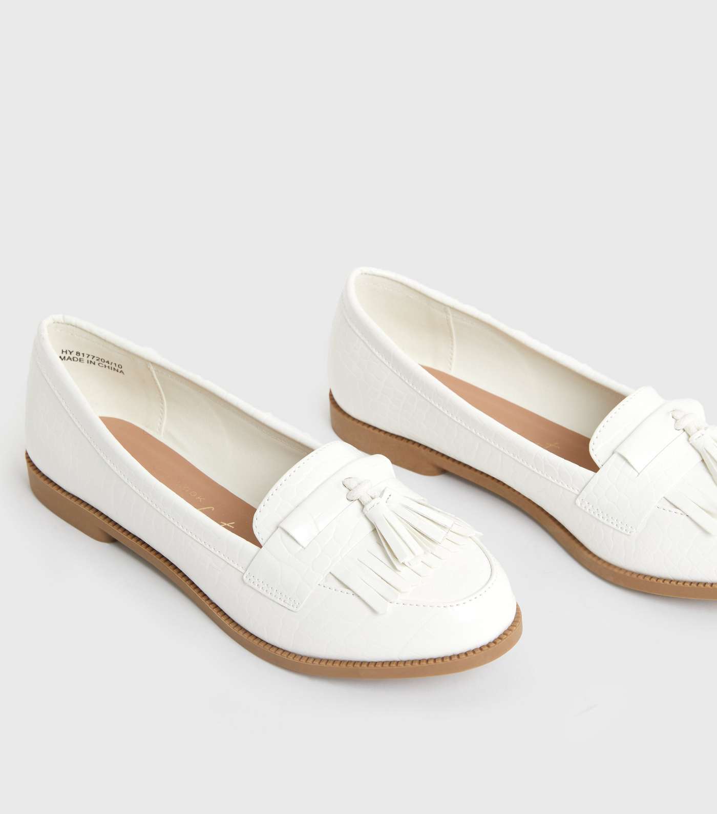 White Faux Croc Tassel Loafers Image 3