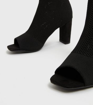 Black Knit Peep Toe Block Heel Sandals New Look