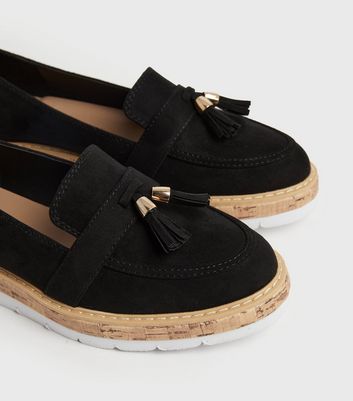 shop for Black Suedette Tassel Cork Wedge Loafers New Look Vegan at Shopo