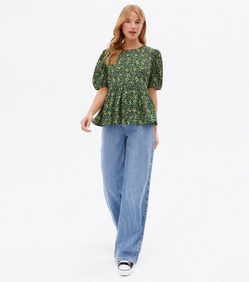 Green Ditsy Floral Peplum Blouse New Look