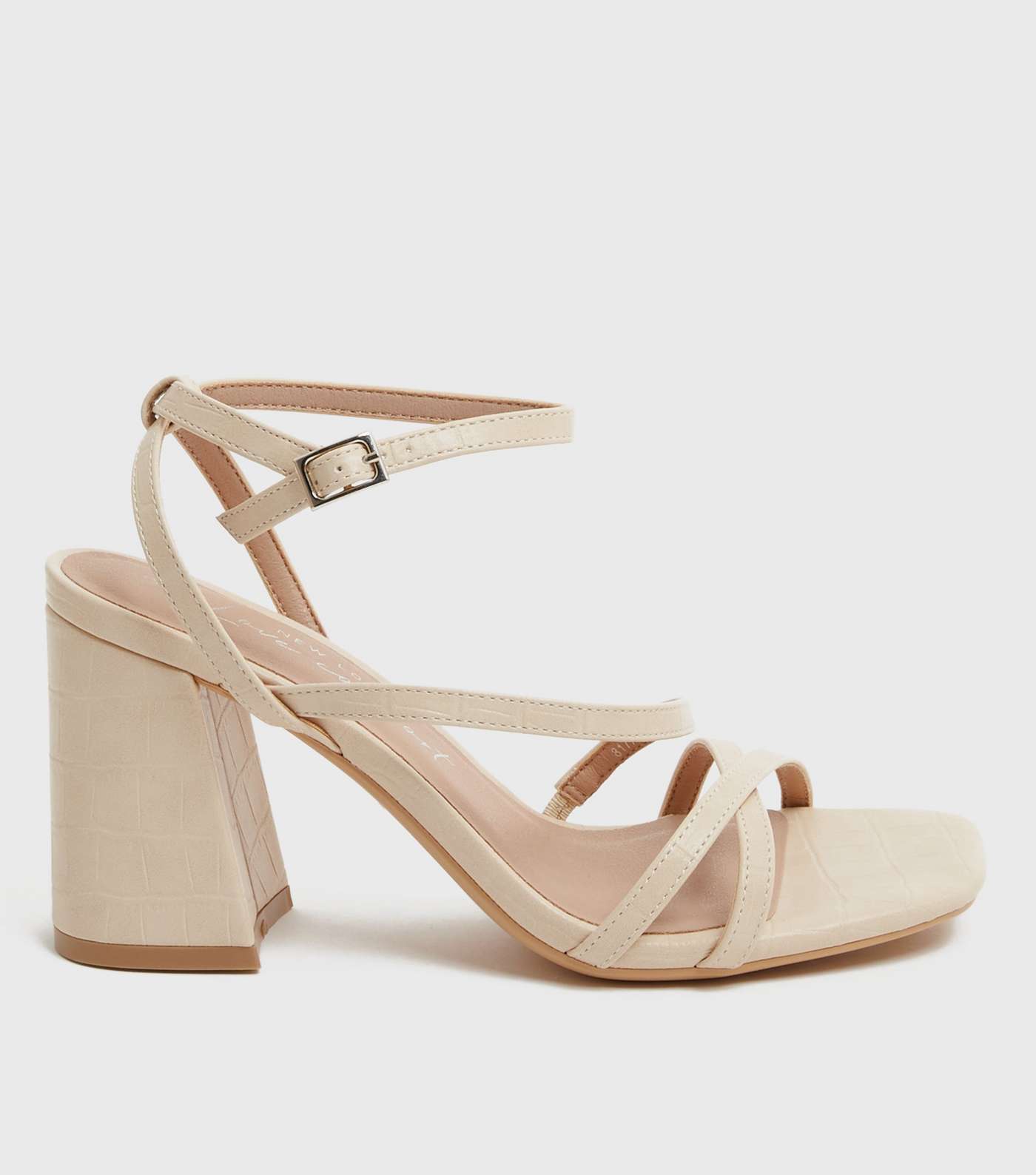 Off White Faux Croc Strappy Flared Block Heel Sandals