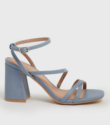 shop for Pale Blue Faux Croc Strappy Flared Block Heel Sandals New Look Vegan at Shopo