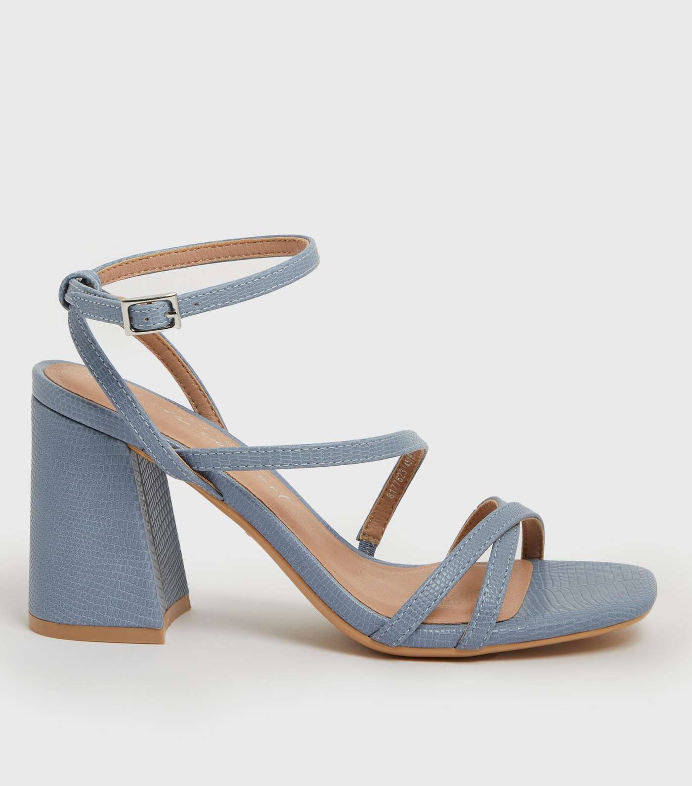 Pale Blue Faux Croc Strappy Flared Block Heel Sandals