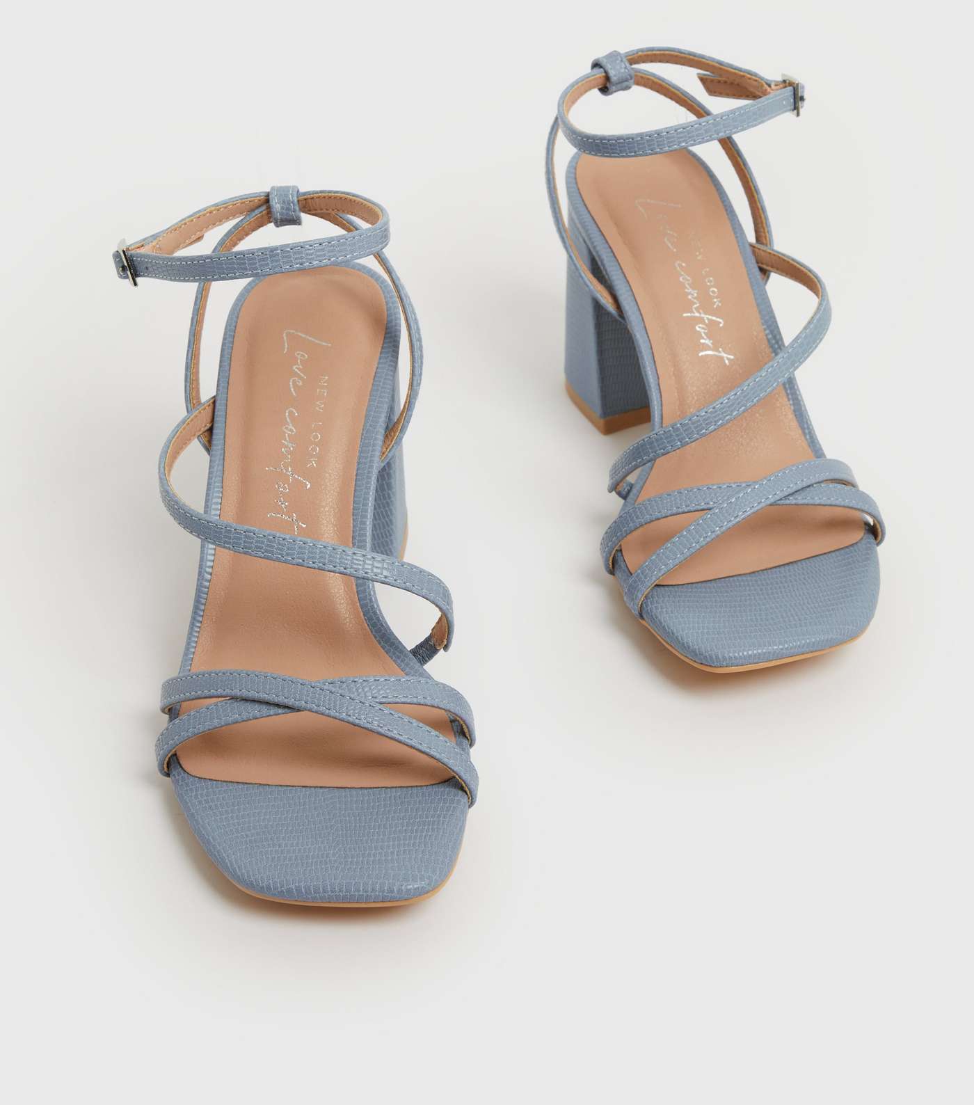 Pale Blue Faux Croc Strappy Flared Block Heel Sandals Image 3