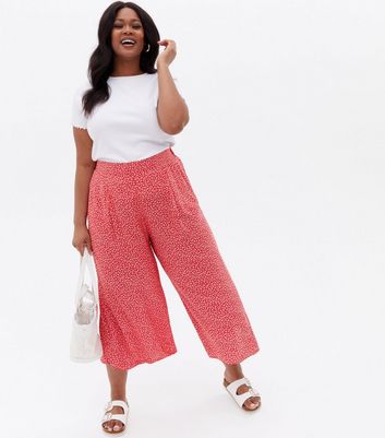 curves red ditsy floral wide leg crop trousers