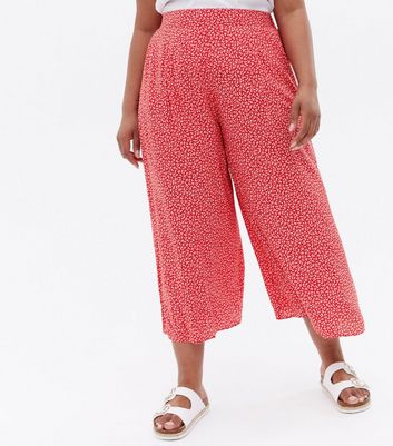 Curves Red Ditsy Floral Wide Leg Crop 