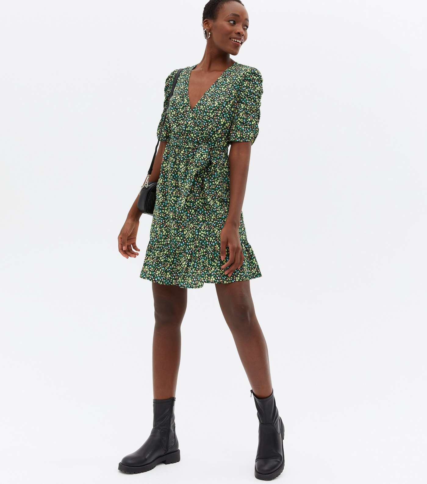 Tall Black Ditsy Floral Ruched Sleeve Mini Wrap Dress Image 2