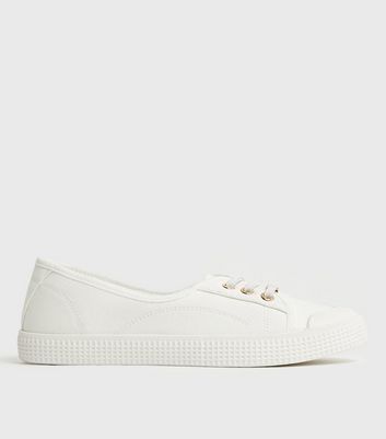 White Canvas Round Toe Lace Up Trainers New Look Vegan