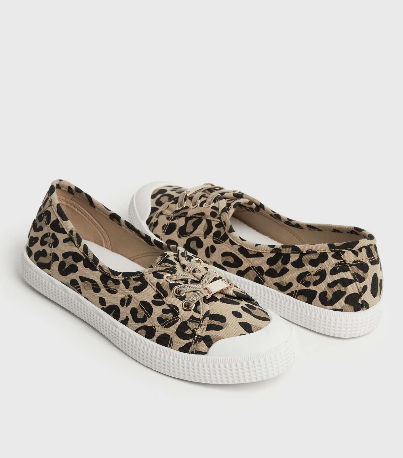 Stone Leopard Print Canvas Round Toe Lace Up Trainers Image 4