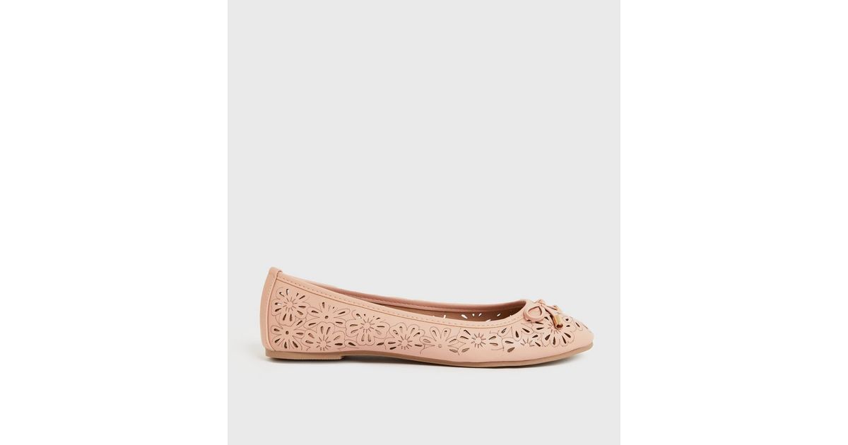 Pale Pink Floral Laser Cut Ballet Pumps New Look