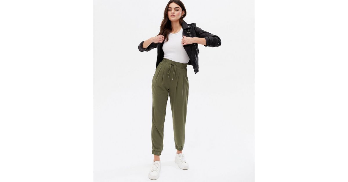 Khaki Shirred High Waist Cuffed Joggers New Look