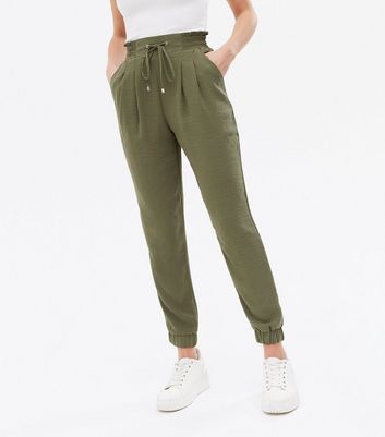 Click to view product details and reviews for Khaki Shirred High Waist Cuffed Joggers New Look.