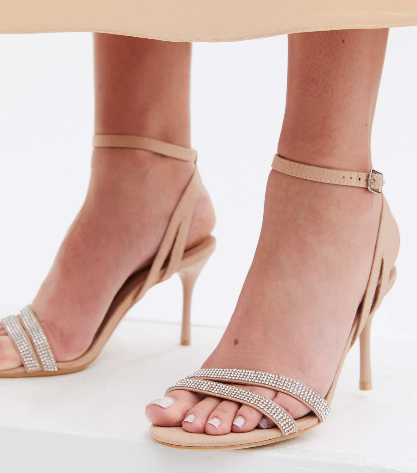 Pale Pink Suedette Diamanté Strap Stiletto Heel Sandals Image 2