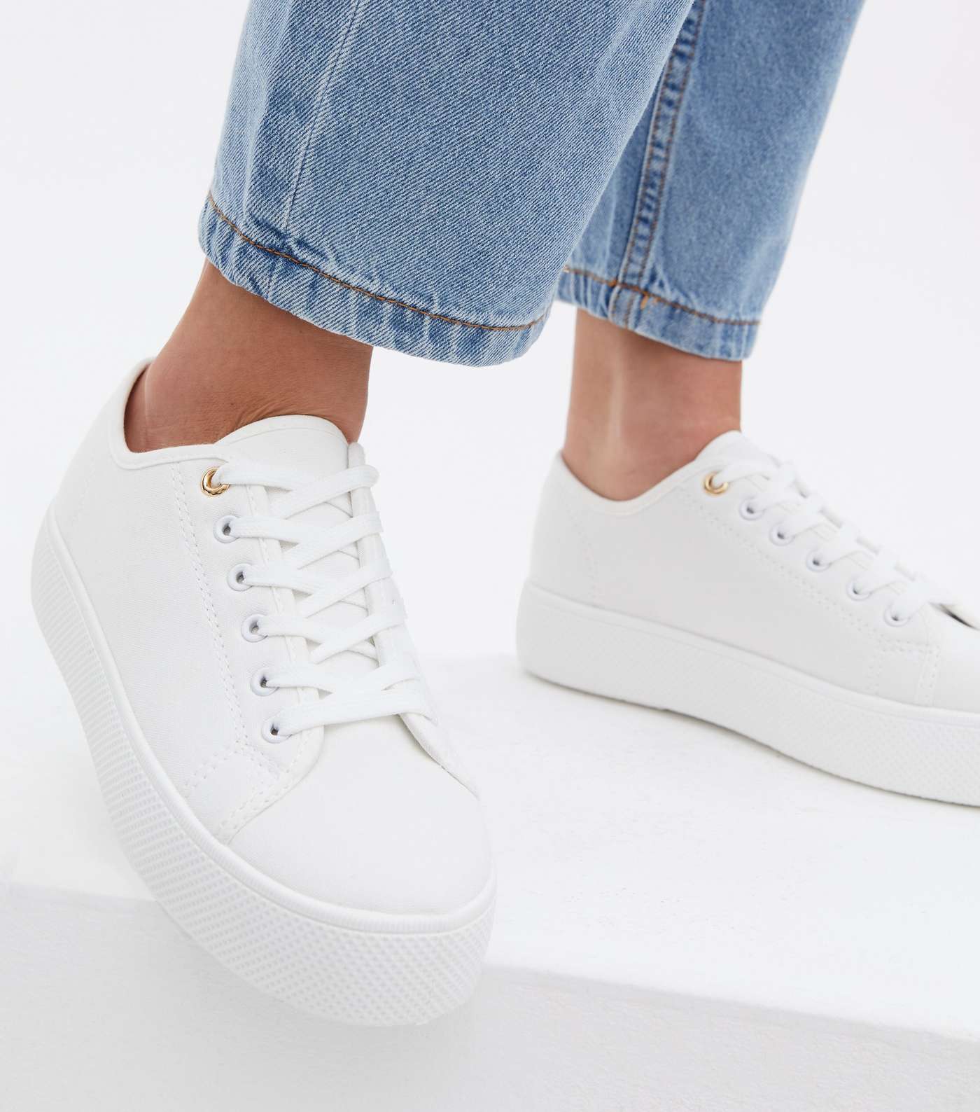 White Canvas Chunky Lace Up Trainers Image 2