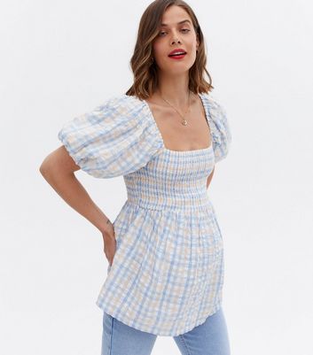 Maternity White Check Seersucker Puff Sleeve Blouse New Look