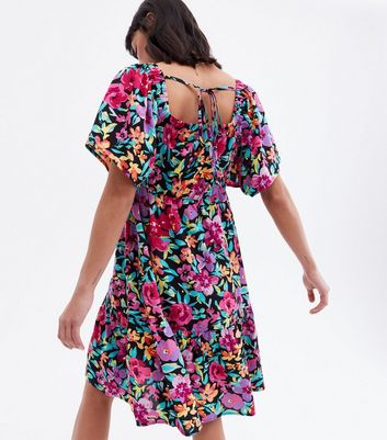 Blue Vanilla Multicoloured Floral Flutter Sleeve Mini Dress New Look