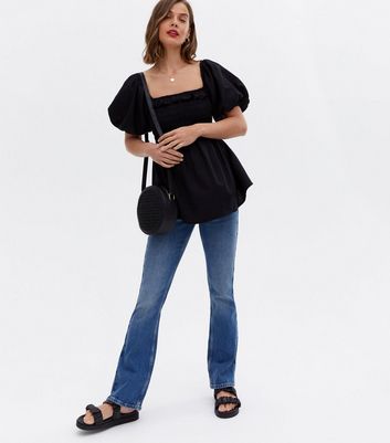 Maternity Black Shirred Linen Look Frill Peplum Blouse New Look