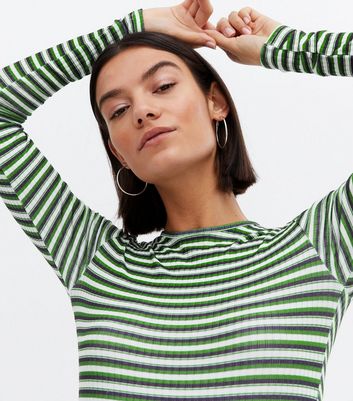 Green Stripe Ribbed Crew Neck Bodysuit New Look