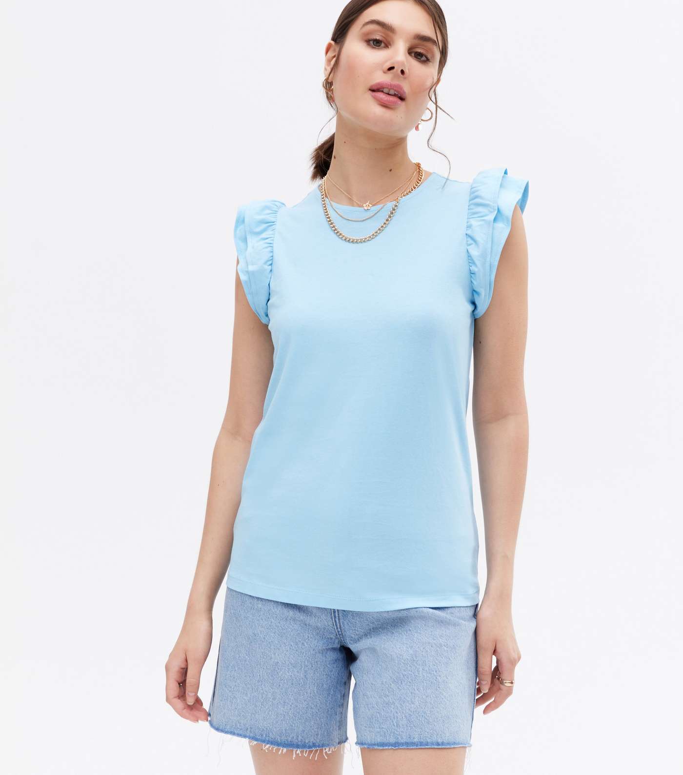 Pale Blue Frill Sleeve T-Shirt