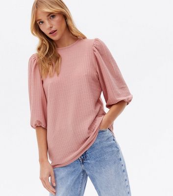 Pale Pink Textured Tie Back Puff Sleeve Top New Look