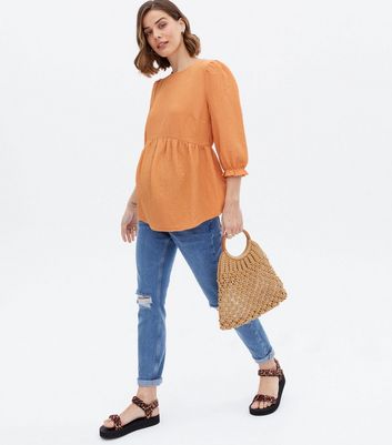 Maternity Bright Orange Textured Tie Back Peplum Blouse New Look