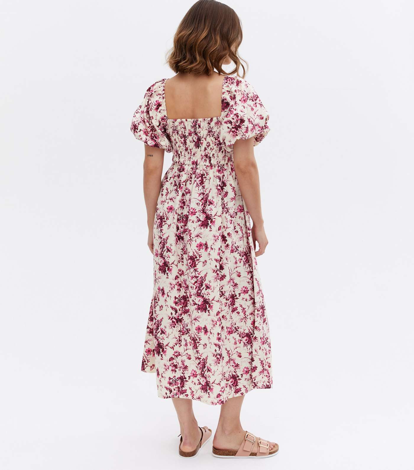 Maternity Pink Linen-Look Floral Shirred Puff Sleeve Midi Dress Image 4