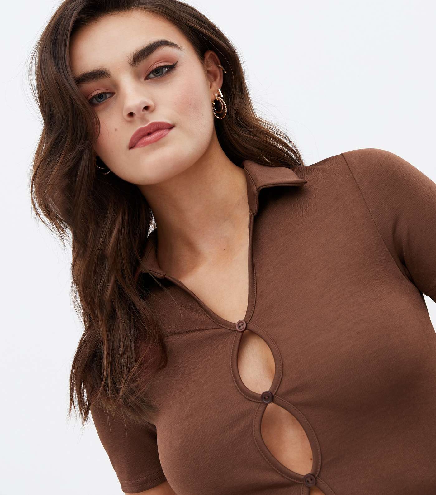 Rust Collared Cut Out Button Front Short Sleeve Top