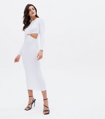 White Ribbed Ring Cut Out Midi Bodycon 