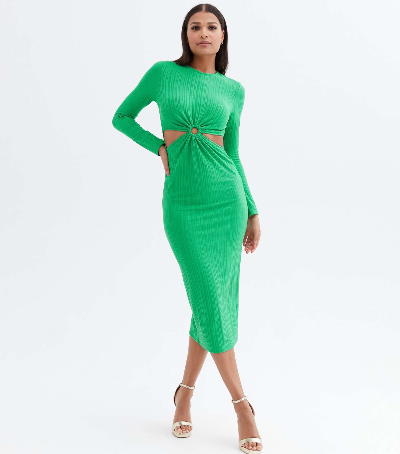 Green Ribbed Ring Cut Out Midi Bodycon Dress