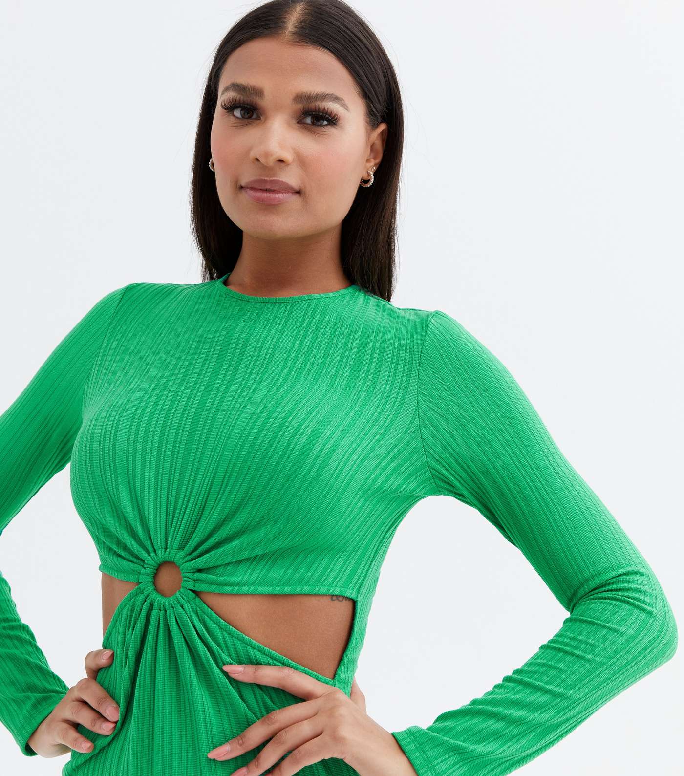 Green Ribbed Ring Cut Out Midi Bodycon Dress Image 3