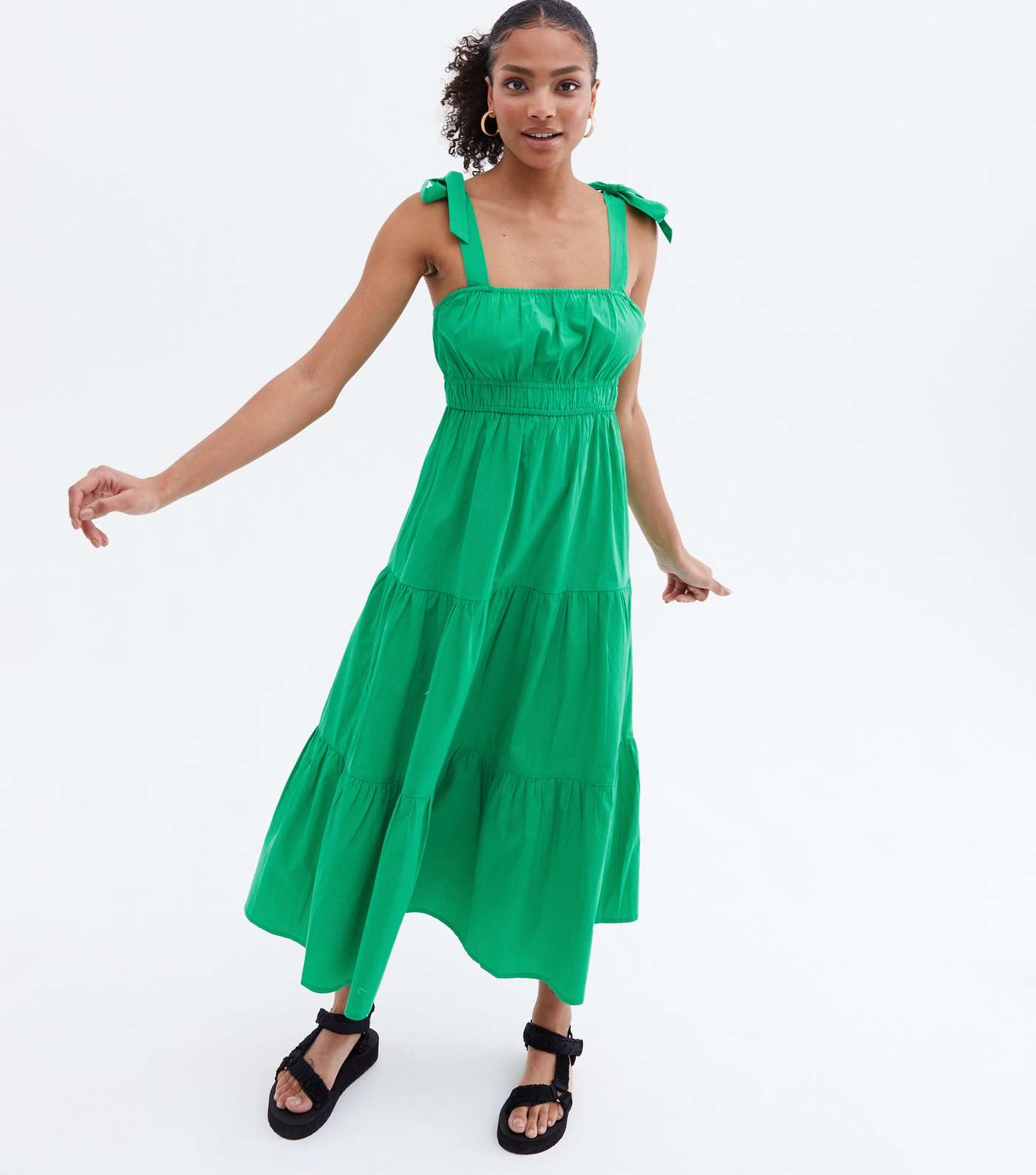 Green Tie Strap Square Neck Midi Dress