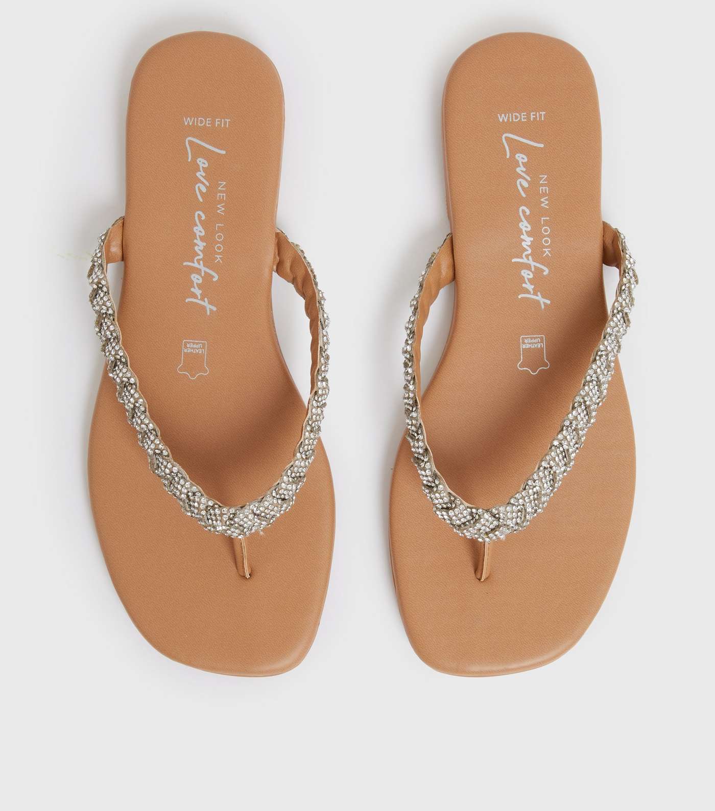 Wide Fit Tan Leather Diamanté Strap Toe Post Sandals