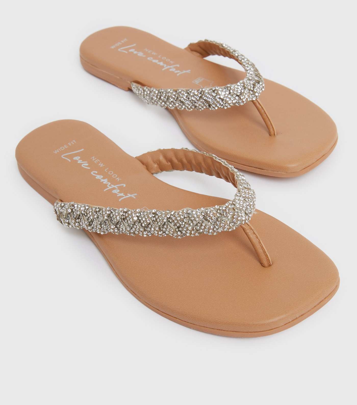 Wide Fit Tan Leather Diamanté Strap Toe Post Sandals Image 3