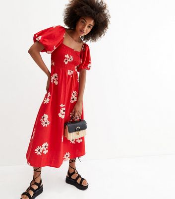 Red Floral Shirred Puff Sleeve Midi 