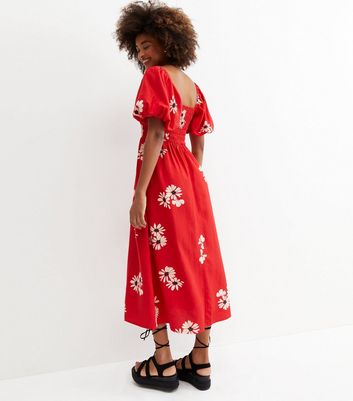 Red Floral Shirred Puff Sleeve Midi 