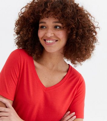 Red Jersey V Neck T-Shirt | New Look