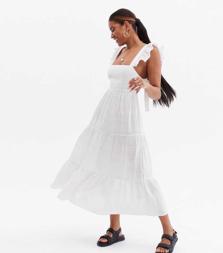 White Frill Square Neck Tiered Midi Dress