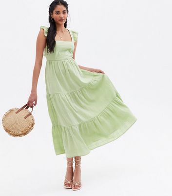 Light Green Frill Square Neck Tiered Midi Dress New Look