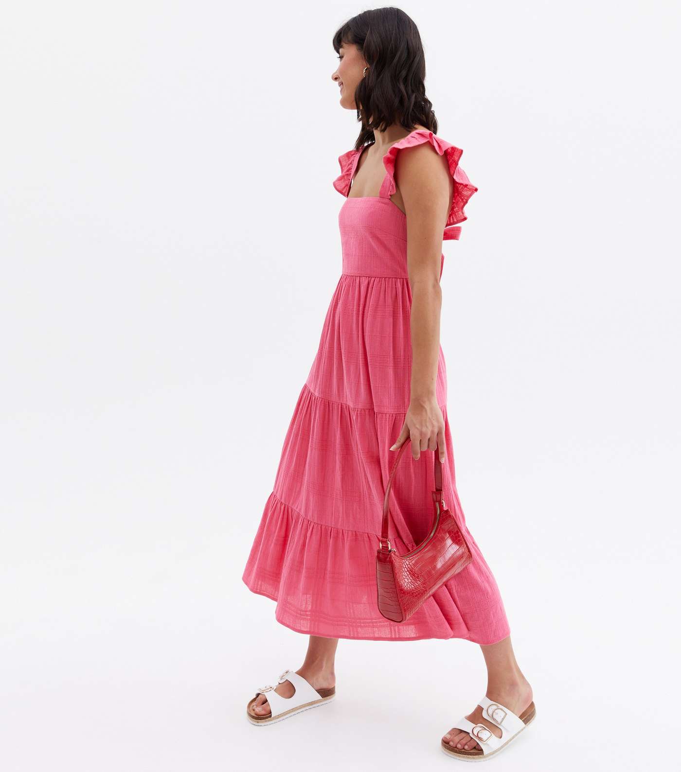 Bright Pink Frill Square Neck Tiered Midi Dress