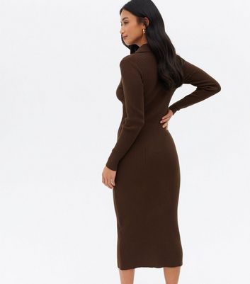Petite Brown Knit Button Front Collared Midi Dress New Look