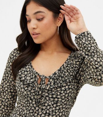 Petite Black Floral Frill Long Sleeve 