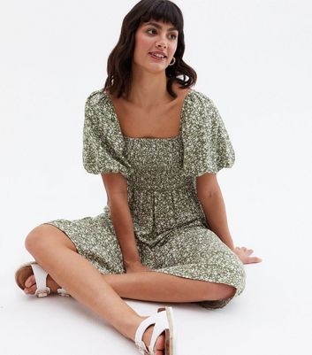 Green Floral Linen-Look Shirred Midi Dress