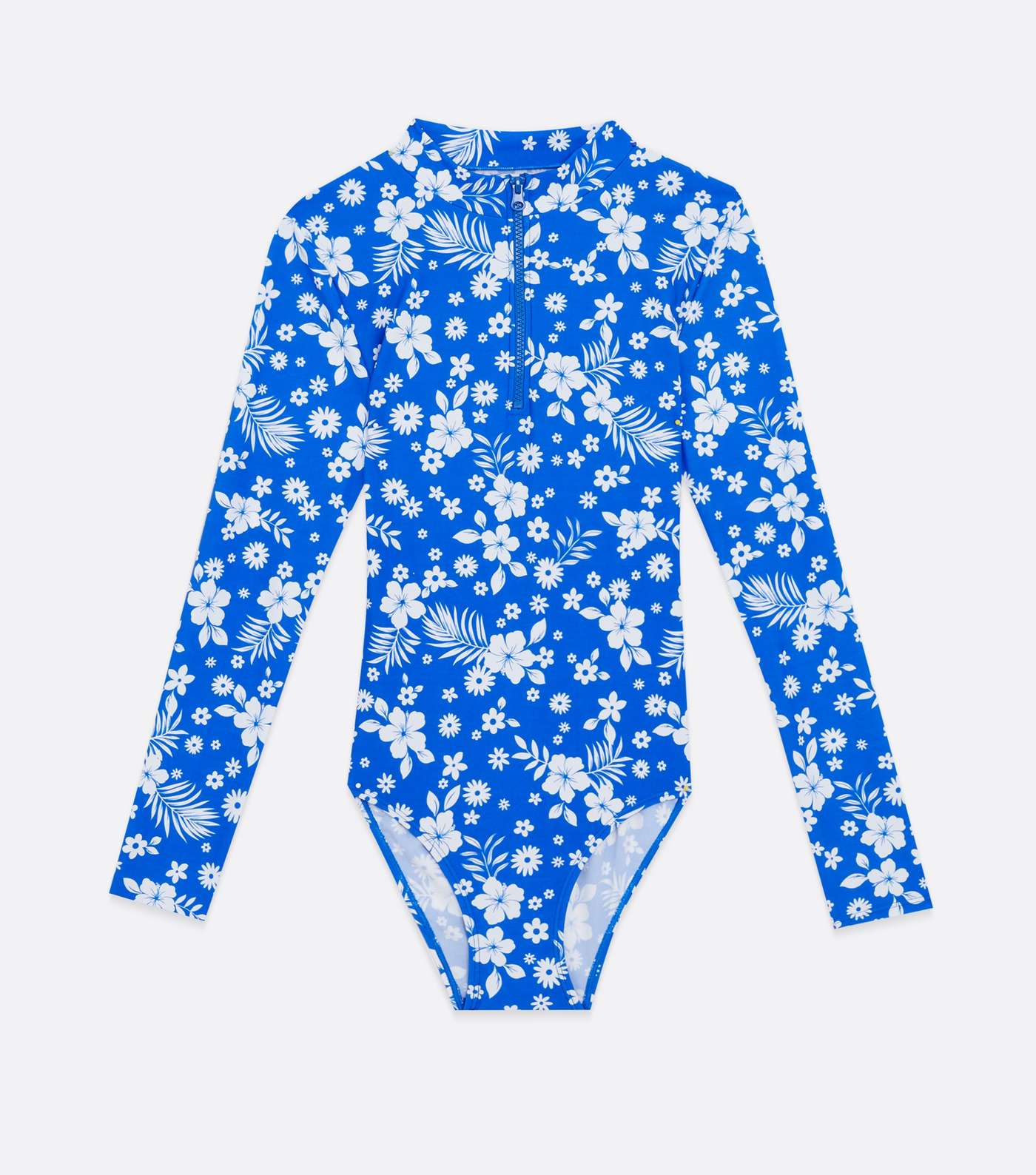 Girls Blue Tropical Floral Zip Long Sleeve Swimsuit