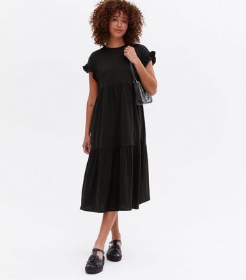 Black Jersey Frill Tiered Midi Smock Dress New Look
