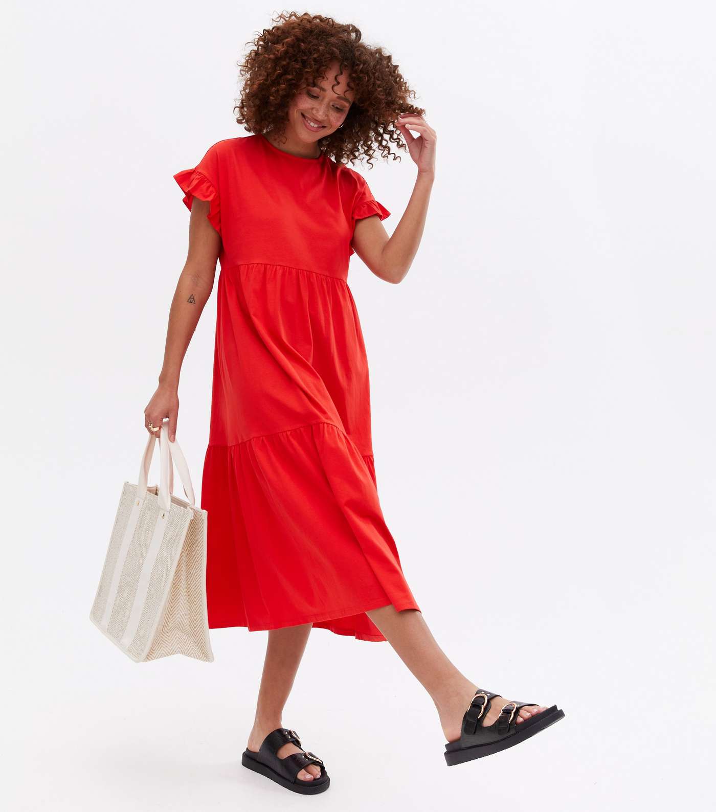 Red Jersey Frill Tiered Midi Smock Dress Image 2